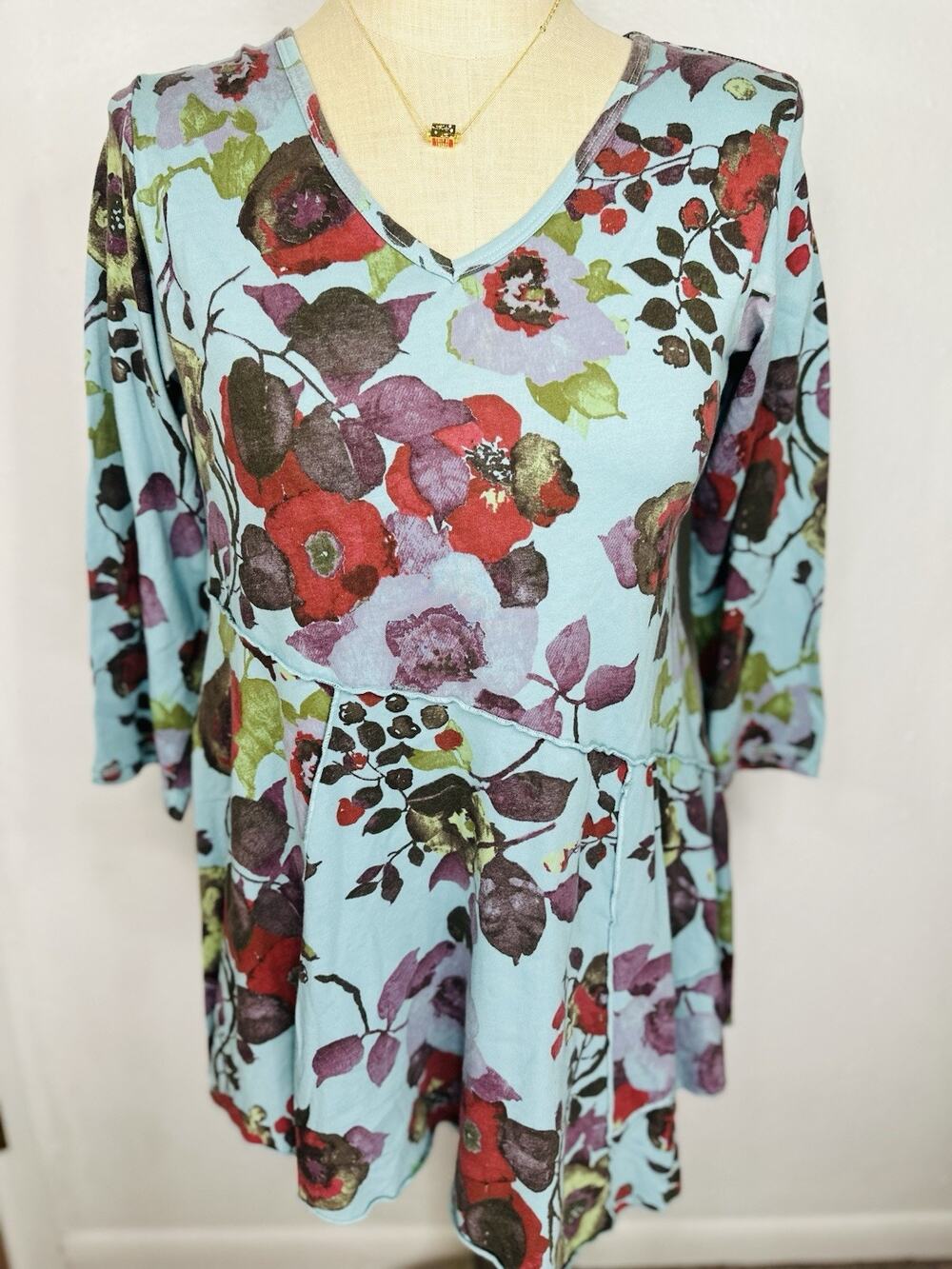 Vtg Color Me Cotton Blue Floral Asymmetrical Cut Boho Cottage Top Small